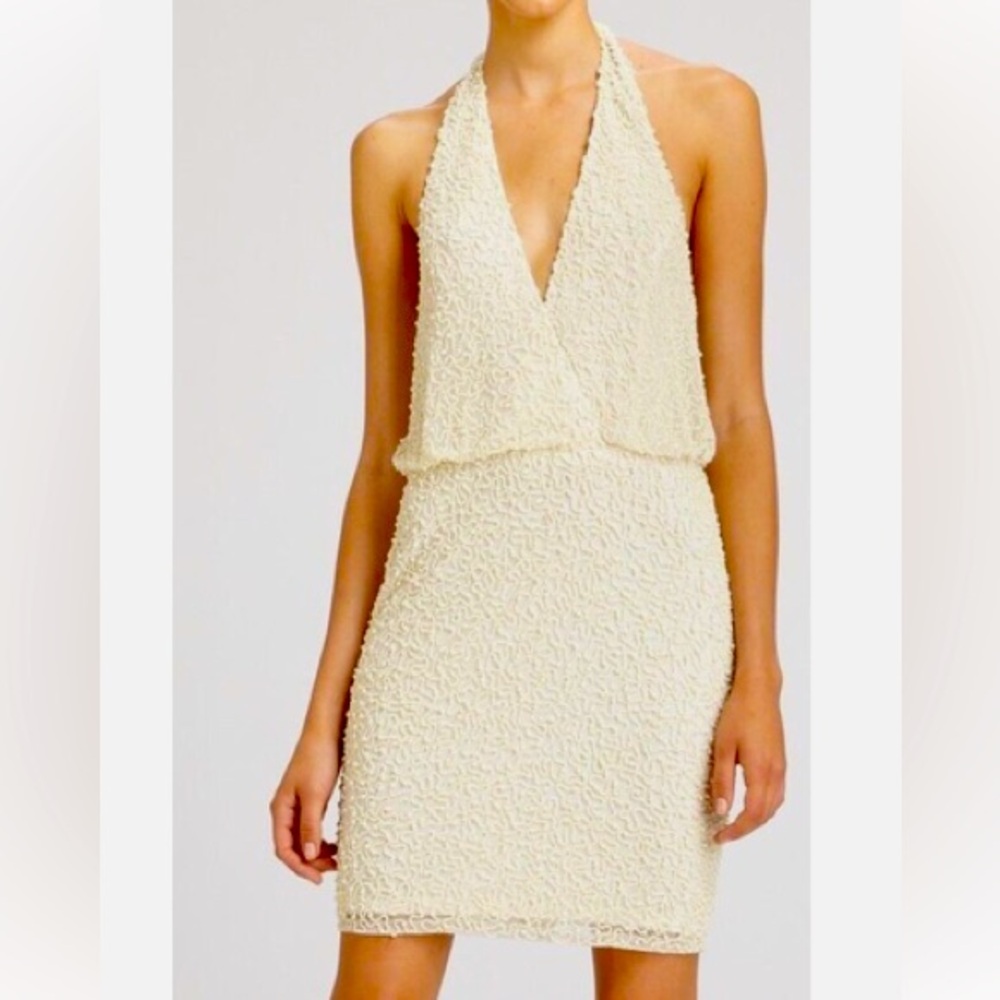 Aidan Mattox| Elegant Ivory Beaded Deep V-Neck Halter Cocktail Dress| Size 4
